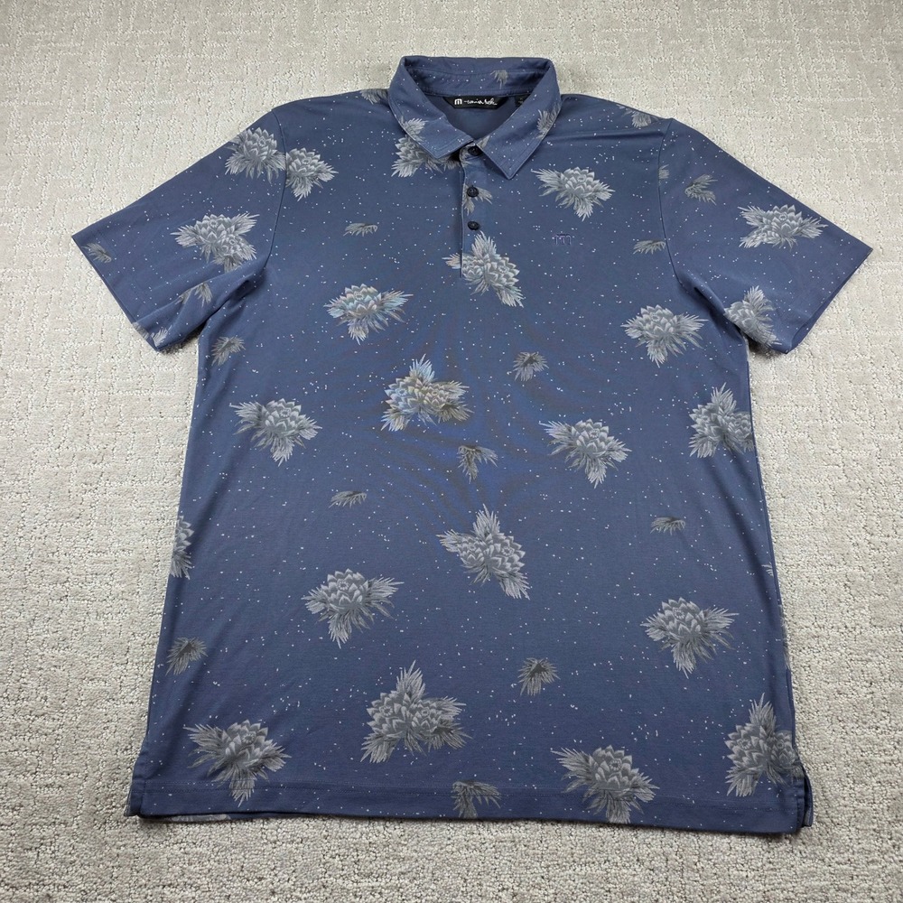 TravisMathew‎ Mens XL Blue Floral Agave Print Pima Cotton Blend Golf Polo Shirt